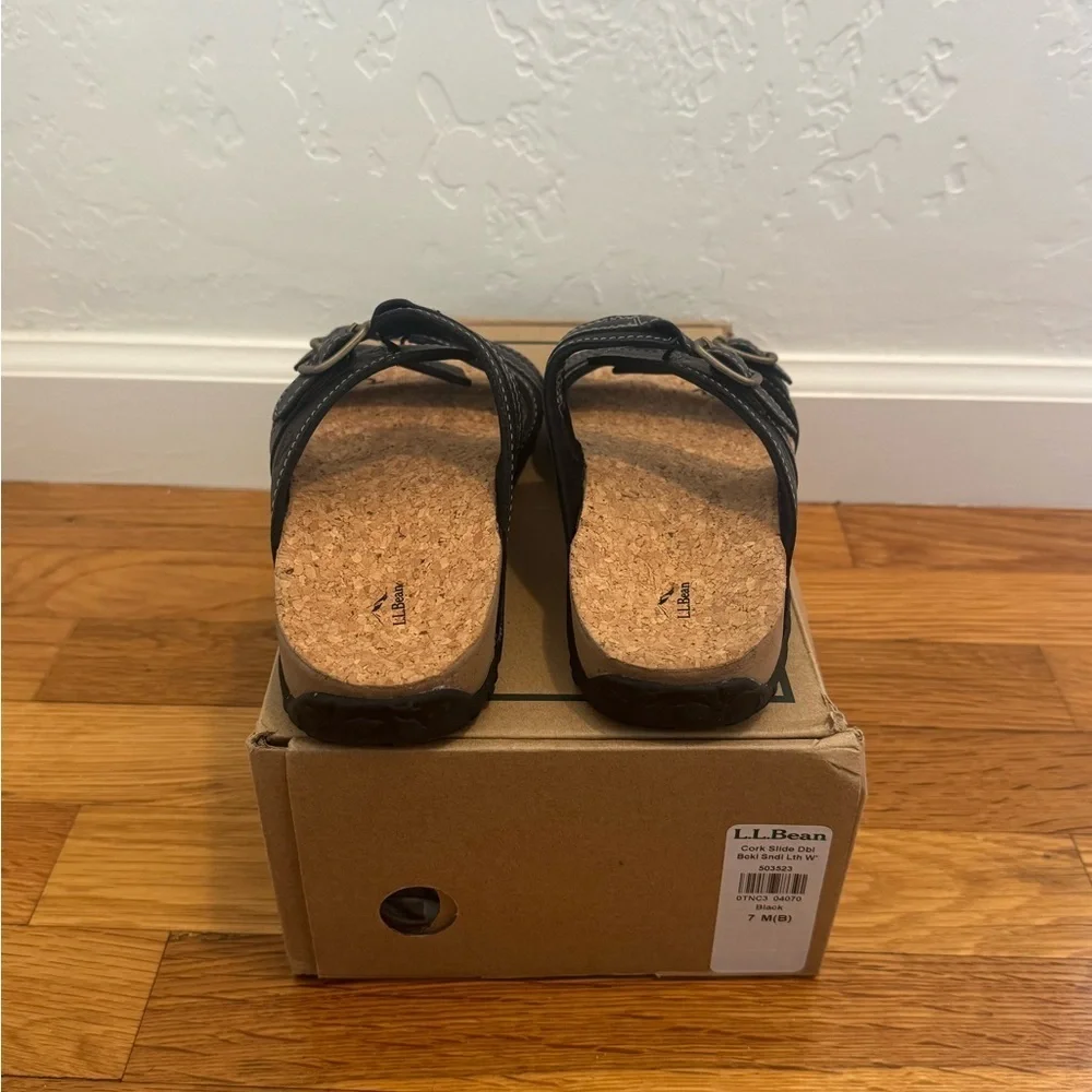 NEW L.L. BEAN Black Leather Double Buckle Straps Cork Rubber Sandals Slides Sz 7